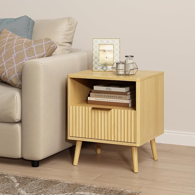 CARPETNAL Fluted Nightstand, Oak Bedside Table by CARPETNAL