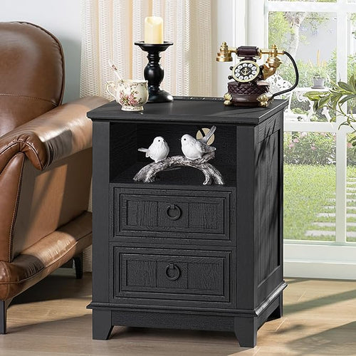 18" Night Stands Set of 2 with Charging Station, Farmhouse 2 Drawers End Table - Image 2