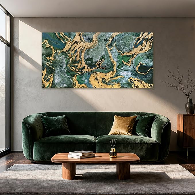 YETHEN WAL Green and Gold Abstract Canvas Wall Art 24×48 inch Horizontal - Image 7