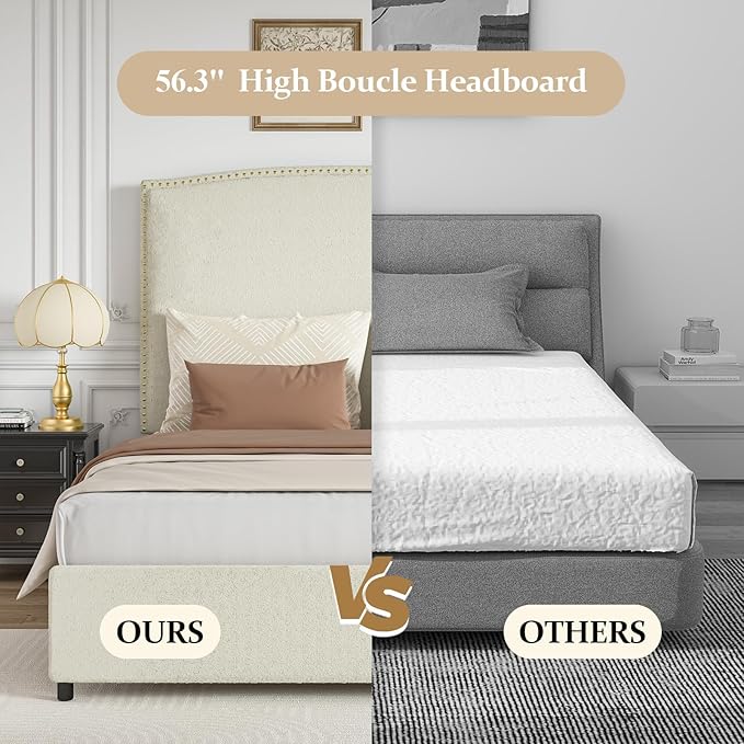 King Size Bed Frame with Upholstered Headboard, Soft Boucle Fabric & Gold - Image 5