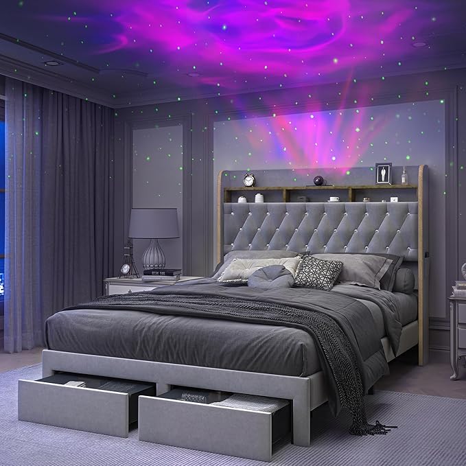 Full LED Bed Frame with Storage Drawers, Velvet Upholstered Platform Beds with - Image 9