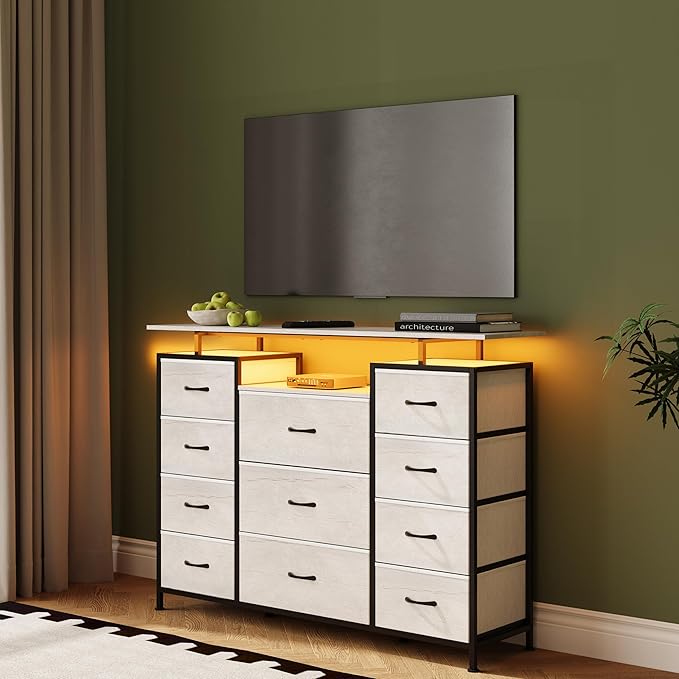 LUMTOK 11 Drawers Dresser with Fabric Drawers, Charging Station, LED Lights and - Image 2