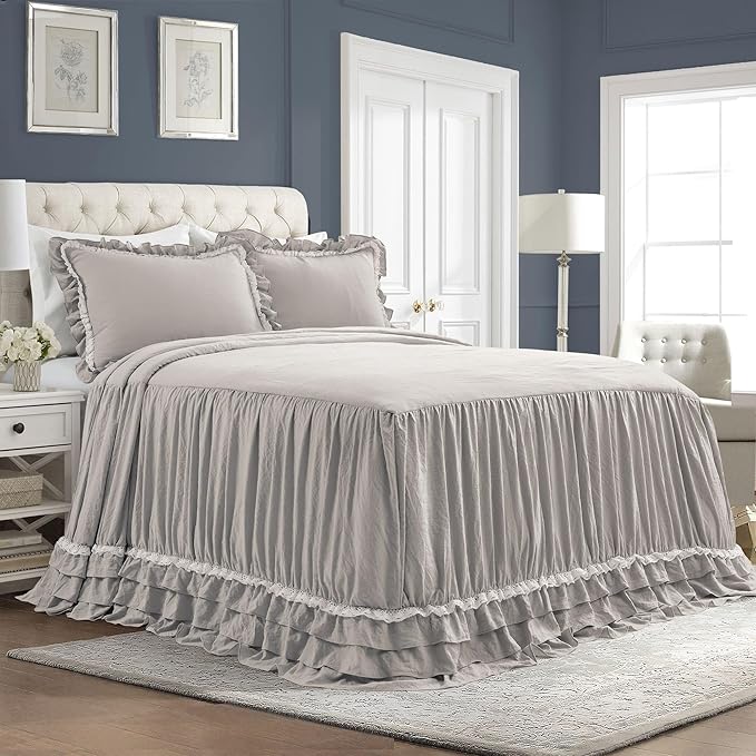 Lush Decor Ella Vintage Chic Ruffle Lace Bedspread Light Gray Farmhouse Style by LushDecor