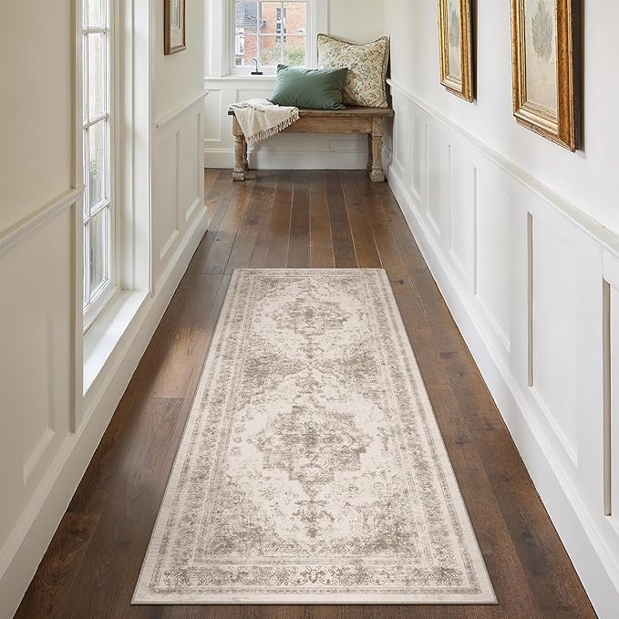Runner Rug 2x5 Beige Hallway Washable Carpet Non Slip Vintage Medallion Carpet by PureCozy