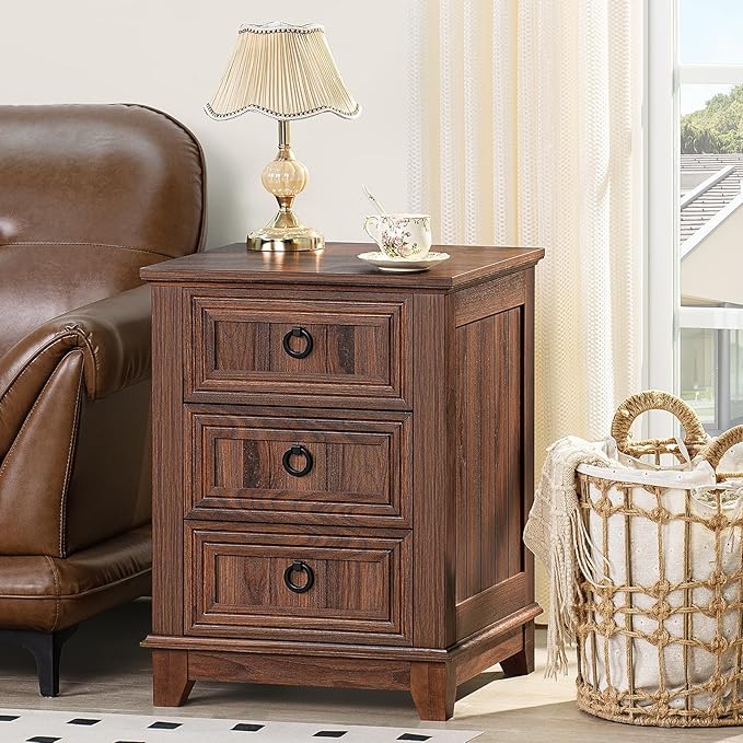 18" Farmhouse Night Stand with 3 Drawers, Wood End Table Dresser - Image 6