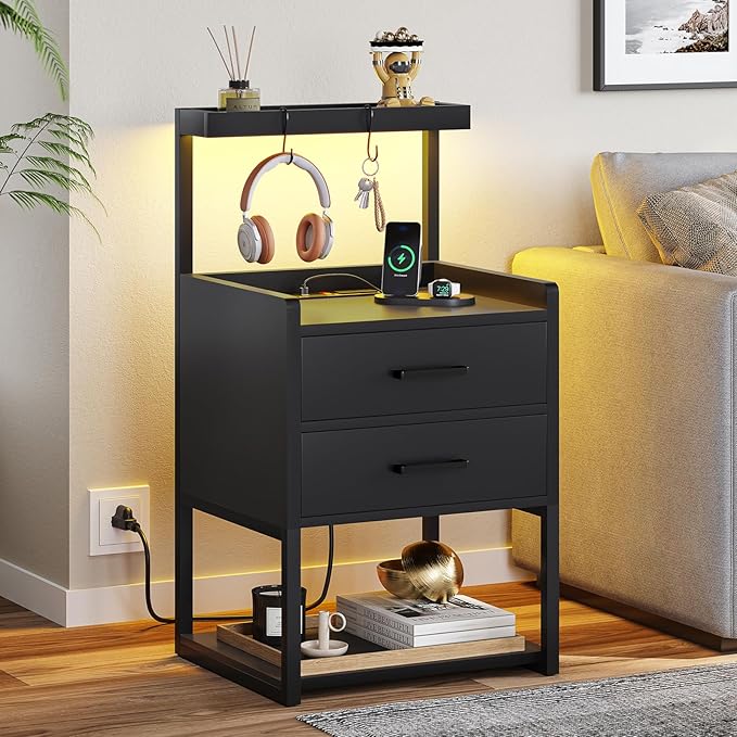 VIAGDO Nightstand with Charging Station and LED Lights, Modern End Side Tables - Image 6