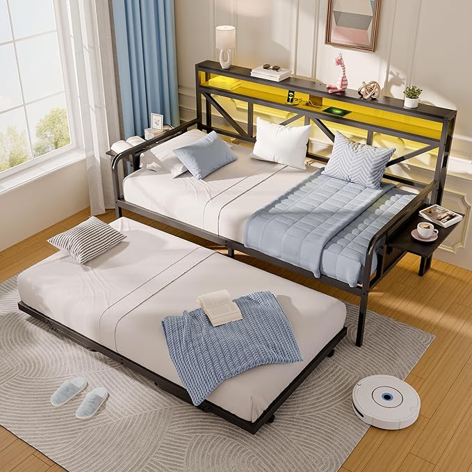 Daybed with Trundle, Heavy Duty Metal Twin Bed Frame with LED Lights & 2-Tier - Image 5