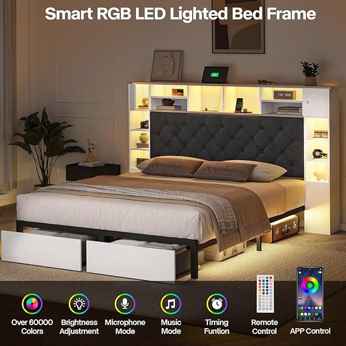 Queen Bed Frame with Bookcase Headboard and Storage Drawers, 51.2" Metal - Image 4