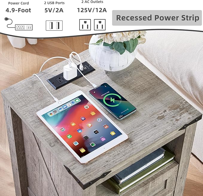 Joaxswe Nightstand with Charging Station and USB Port, Farmhouse Night Stand - Image 5