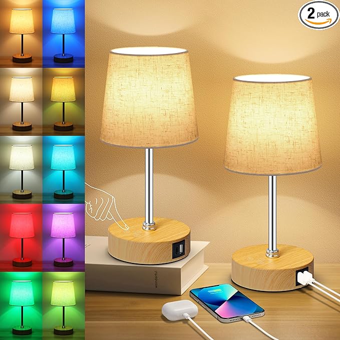 Ascher Small Bedside Table lamp Set of 2, RGB Color Changing Lamps, 3 Color by Ascher