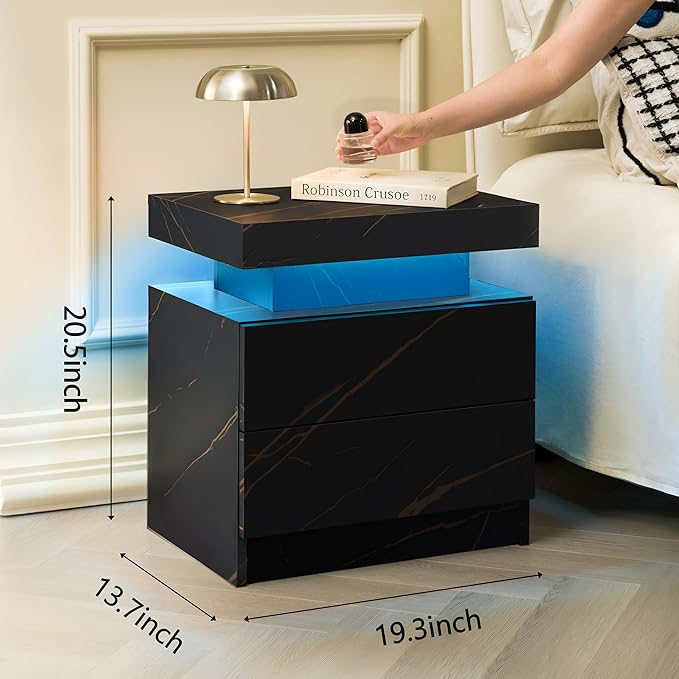 LED Bedside Table with 2 Drawers, Modern Nightstand Cabinet - Image 2