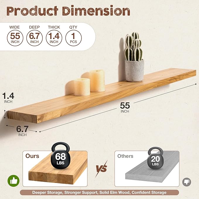 fuqing Floating Shelves for Wall, 55 inch Rustic Solid Elm Wood Floating Shelves - Image 3