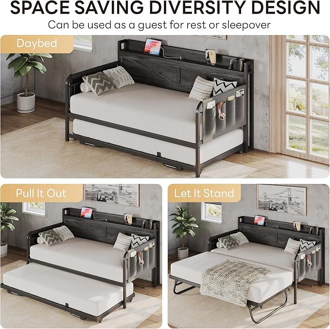 LIKIMIO Twin Daybed with Trundle Bed, Storage Headboard with Charging Station - Image 4