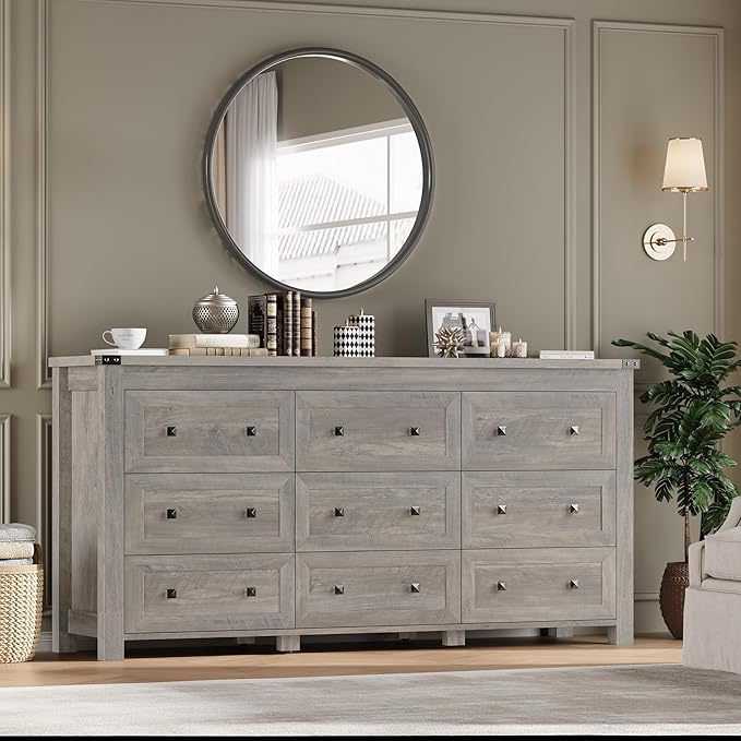 BORNOON 9-Drawer Dresser, Modern Wooden Storage Chest of Drawers, Dresser TV - Image 6