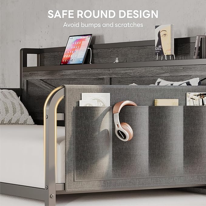 LIKIMIO Twin Daybed with Trundle Bed, Storage Headboard with Charging Station - Image 6