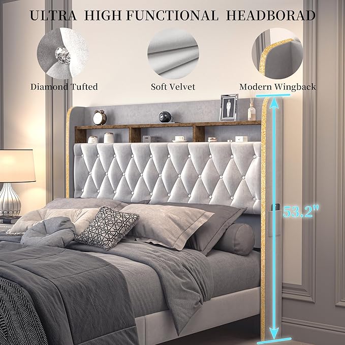 Full LED Bed Frame with Storage Drawers, Velvet Upholstered Platform Beds with - Image 6