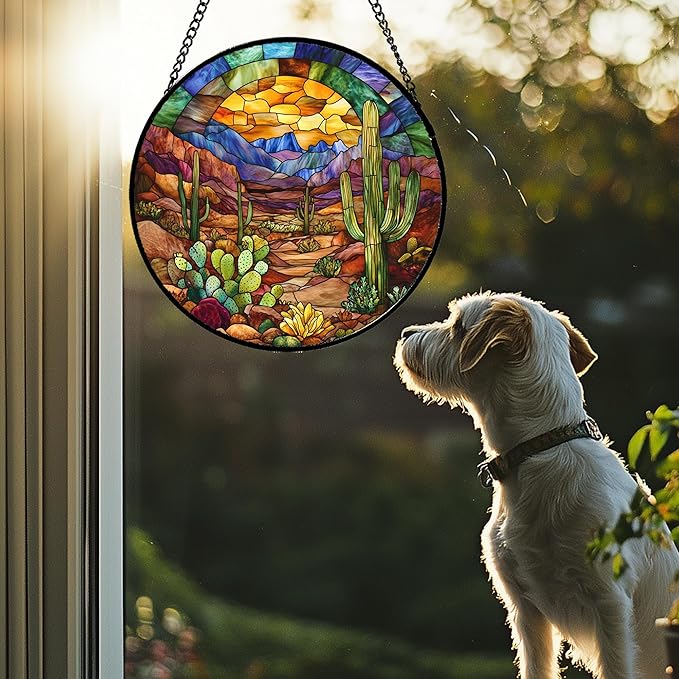CRISGIF Stained Glass Window Hanging Cactus Mountains Landscape Large 15" - Image 2