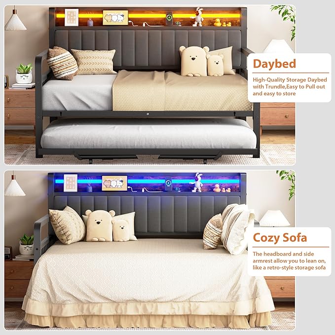 Daybed with Trundle and LED Light, Heavy Duty Metal Full Bed Frame with - Image 8