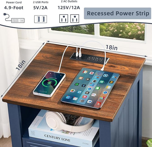 18" Farmhouse Night Stand with Charging Station, 2 Drawers End Table Dresser - Image 2