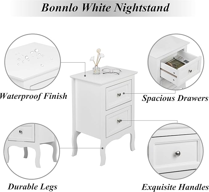 Bonnlo White Nightstand with 2 Drawers, Night Stands - Image 4