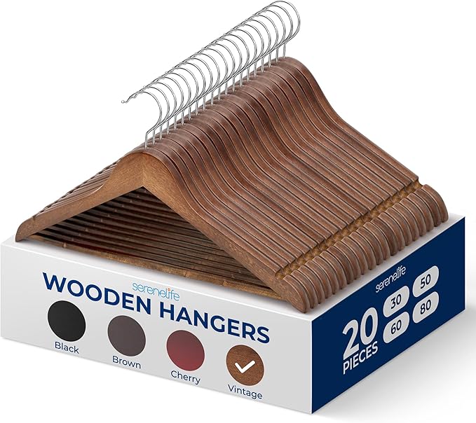 SereneLife 20-Pack Wooden Clothes Hangers – Vintage Finish Coat Hangers by SereneLife