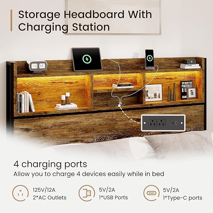 Queen Storage Bed Frame with 6 Drawers, USB Charging Station, No Noise - Image 5