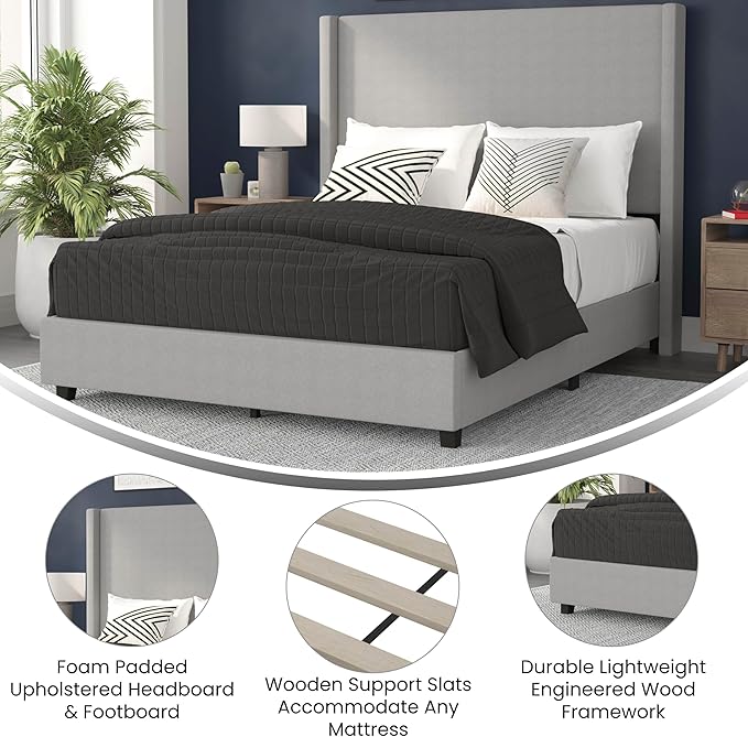 EMMA + OLIVER Nora Queen Size Faux Linen Upholstered Platform Bed - Image 5
