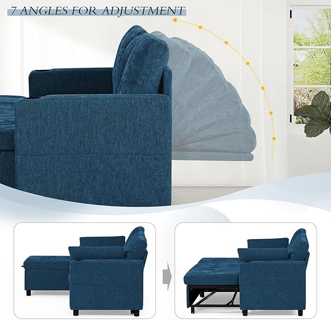 84" Chenille Pull Out Sofa Bed w/Adjustable Backrest, L-Shape Modern Sleeper - Image 5