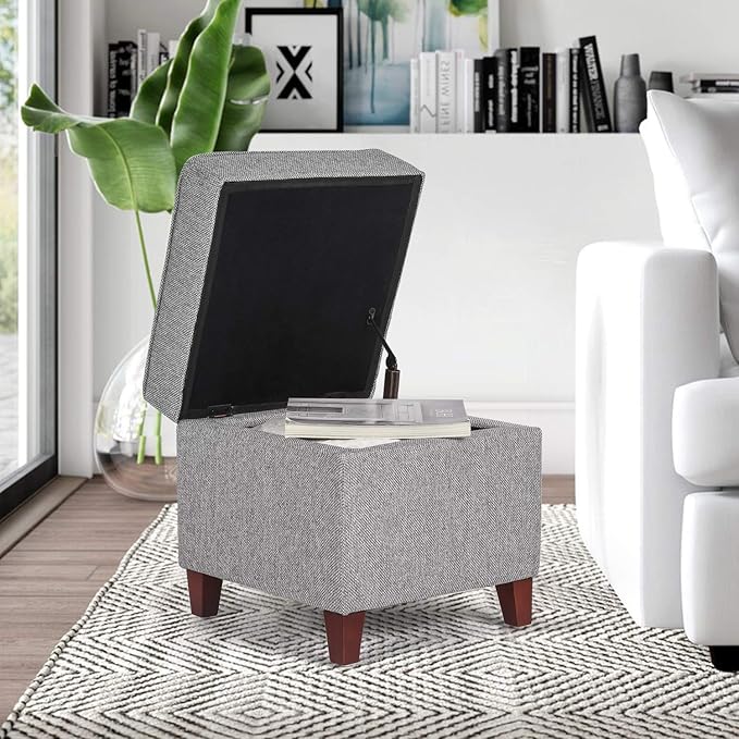 Adeco 17" Square Ottoman with Storage, Small Blue Storage Ottoman Foot Rest - Image 2