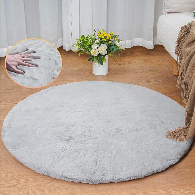 Grey Round Rug 3ft Machine Washable Shaggy Area Rugs by ORINOVA