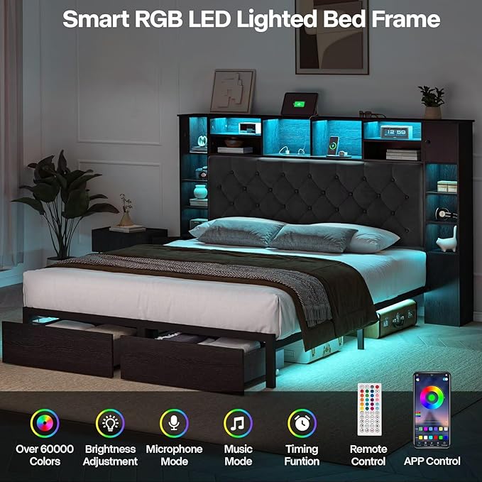Full Size Bed Frame with Bookcase Headboard and Storage Drawers, 51.2" Metal - Image 4