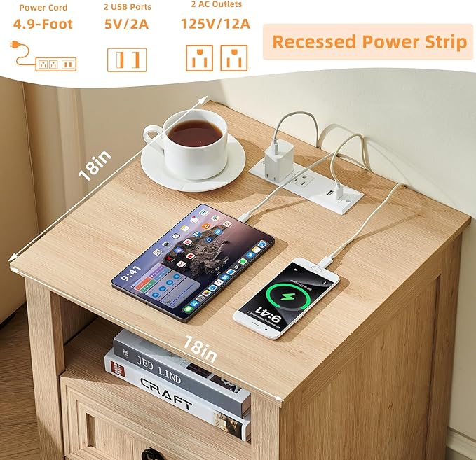 18" Farmhouse Night Stand with Charging Station, 2 Drawers Bedside End Table - Image 6