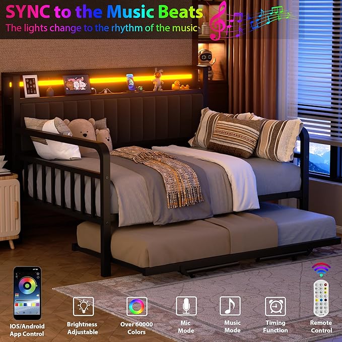 Daybed with Trundle and LED Light, Heavy Duty Metal Full Bed Frame with - Image 5