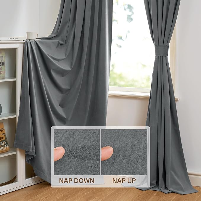 StangH Grey Velvet Curtains 84 inches Room Darkening Window Curtain Drapes - Image 4