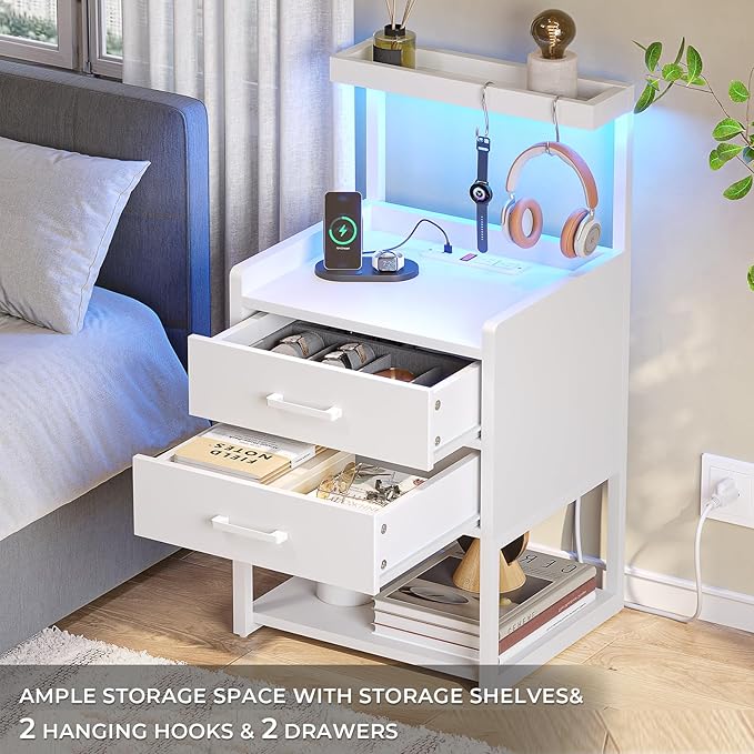 VIAGDO Nightstand with Charging Station and LED Lights, Modern End Side Tables - Image 5