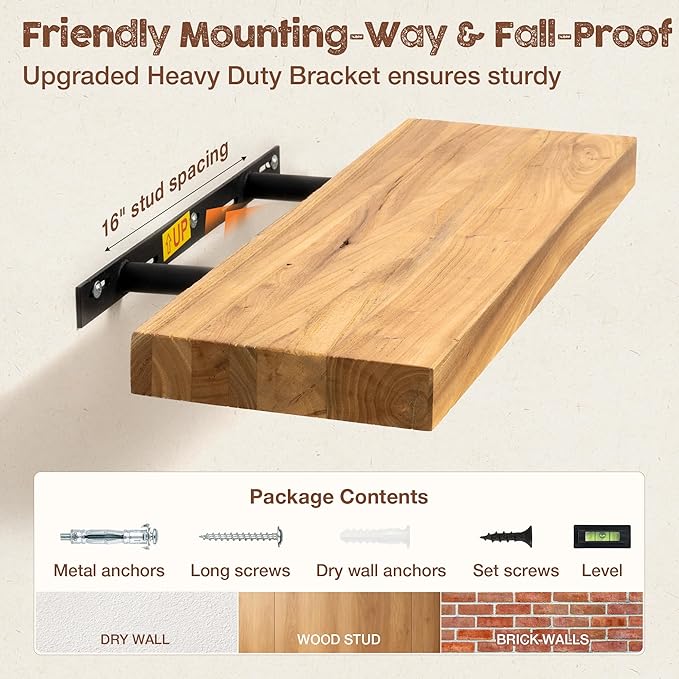 fuqing Floating Shelves for Wall, 24 inch Rustic Solid Elm Wood Floating Shelves - Image 6