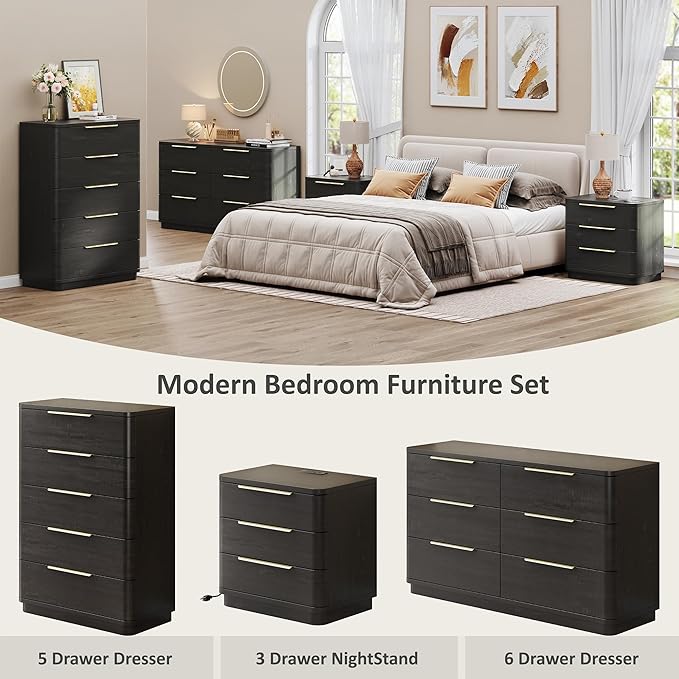 5 Drawer Dresser for Bedroom, Curved Profile Design, Wooden Closet - Image 5