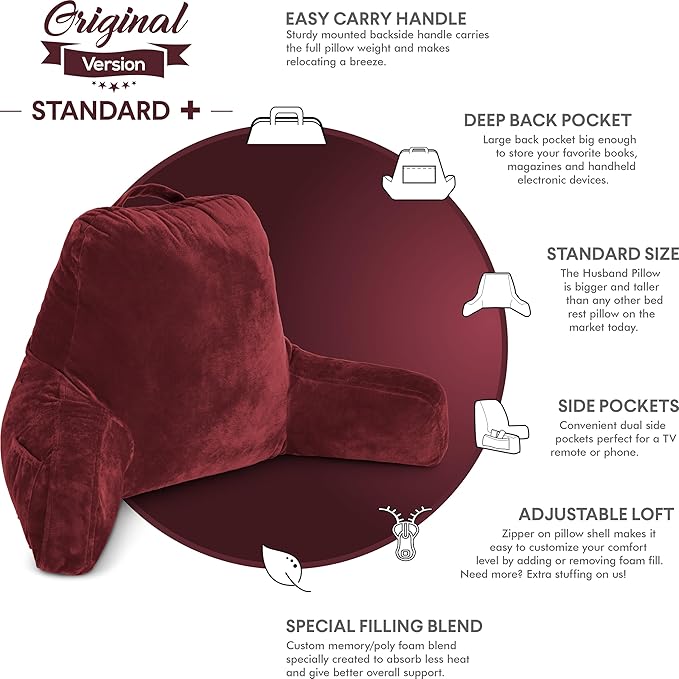 Husband Pillow Maroon, Original Reading Pillow in Bed Rest Chair, Shredded - Image 4