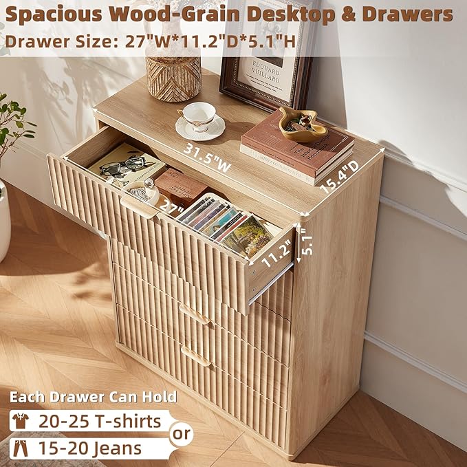 LEYAOYAO Fluted 5 Drawers Dresser Set of 2, Curved Profile Dresser TV Stand - Image 6
