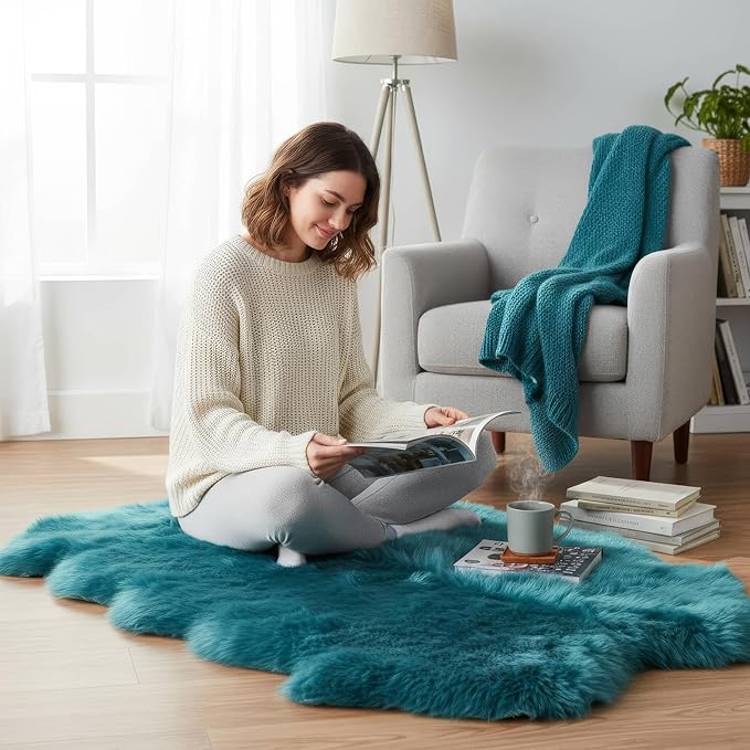 Beach Blue Genuine Sheepskin Rug 4x6 ft, Real Fluffy Quad Pelt Fur Area Rug by SuperAreaRugs