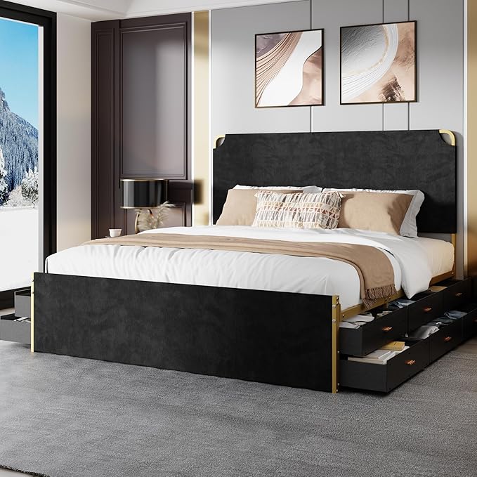 King Size Bed Frame with 12 Storage Drawers and Headboard, Metal Platform - Image 8