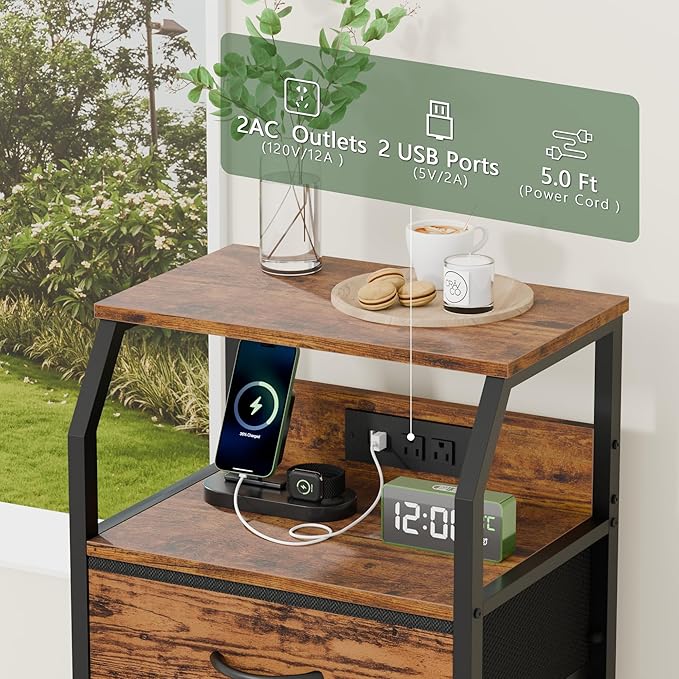 Furnulem Night Stand with Charging Station, Small Dresser with 4 Fabric Drawers - Image 8