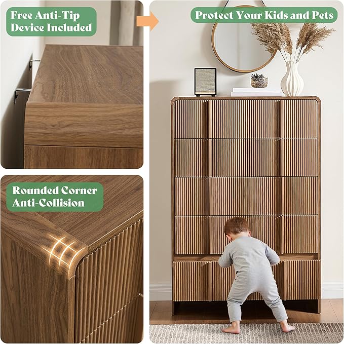 AMERLIFE Fluted 5 Drawer Dresser, Rounded Corners & Anti-Tip, Wood Drawer - Image 4
