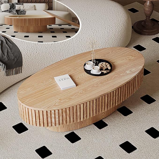 Oval Coffee Table with Storage, Modern Wooden Coffee Table with Solid Wood by FGXJY