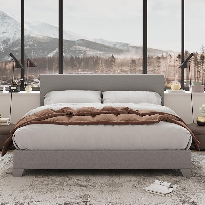 Allewie Queen Bed Frame with Upholstered Adjustable Headboard, Platform Bed by Allewie