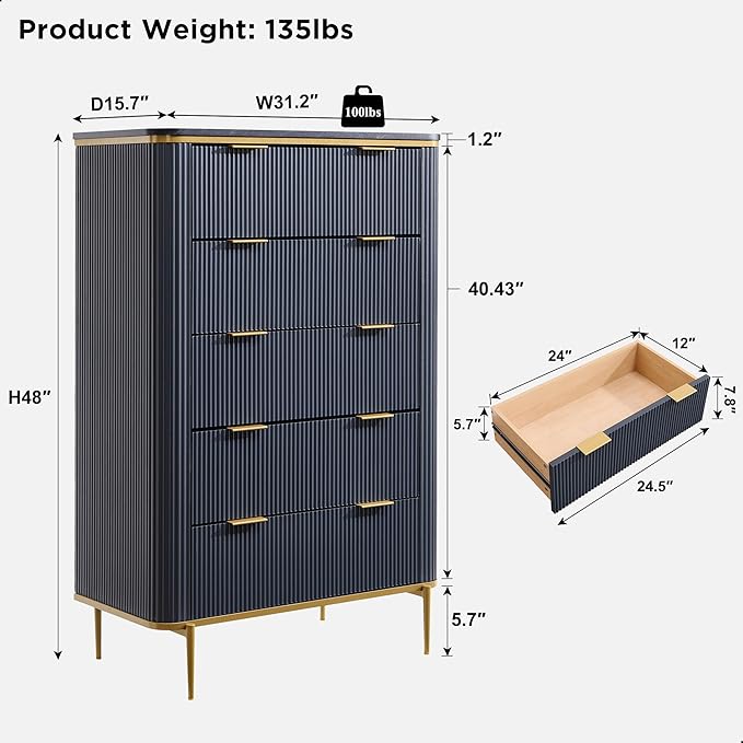 T4TREAM Fluted 5 Drawers Dresser - Image 2