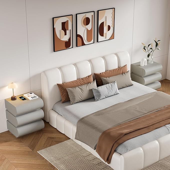 homary Smart Nightstand Modern White Leather Nightstands - Image 8