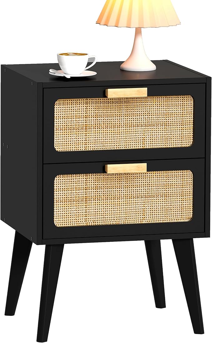 YAUKOMEL Rattan Nightstand, Wood End Table, Side Table by YAUKOMEL