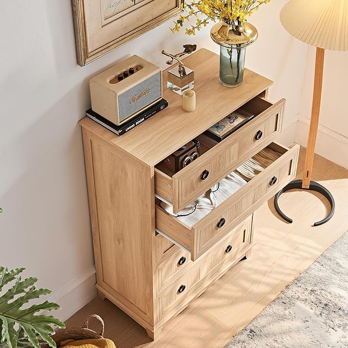 Farmhouse 5 Drawer Dresser for Bedroom Set of 2, Rustic Wood Dresser - Image 4
