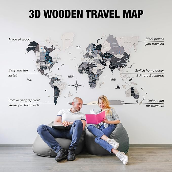 Handmade 3D Wood World Map Wall Art Large Wall Decor Track Your World Travels - Image 6